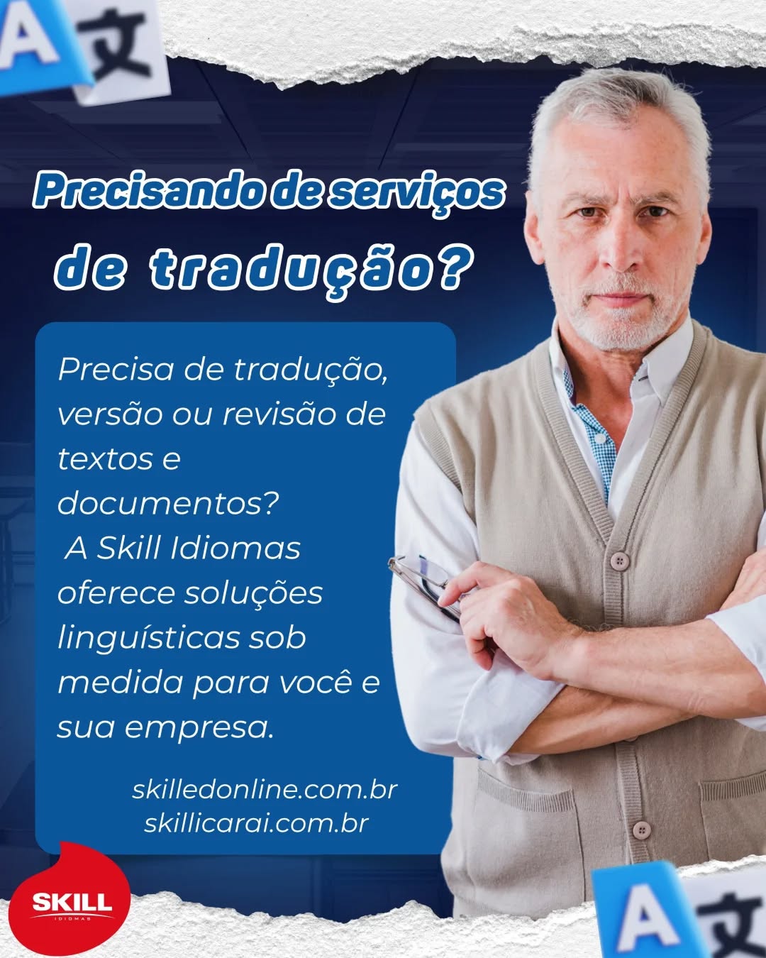 Você sabia que a Skill idiomas também faz serviços de tradução com profissionais experientes e qualificados? Para maiores informações, em contato com a escola (2610-1737)! 🇧🇷🇮🇹🇩🇪🇫🇷🇪🇸🇺🇲🇨🇳🇯🇵