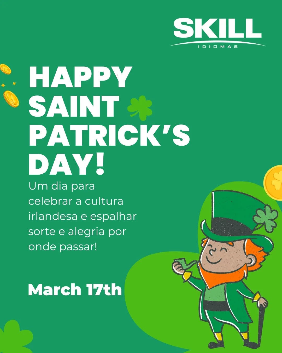 Saint Patrick’s Day é uma celebração da cultura irlandesa, marcada por desfiles, música e o uso da cor verde. A data é comemorada em diversos países ao redor do mundo! Happy Saint Patrick’s Day!☘️☘️☘️☘️