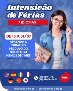 Olá! Tudo bem? Que tal aproveitar as férias de julho para aprender um idioma? Faça o intensivo da Skill! 👩‍🏫📚📕✏️